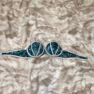 Palm leaf print bikini swim top with white trim